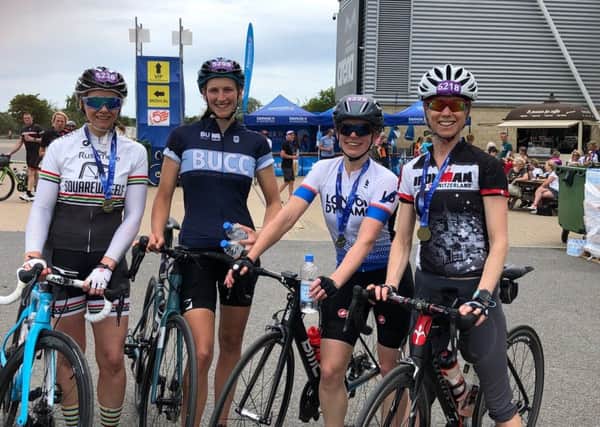 Maggie Skinner (far right) with fellow Gran Fondo cyclists from left to right  Katrina Pollack (6th), Gail Brown (5th) and Elli Estchild (2nd).