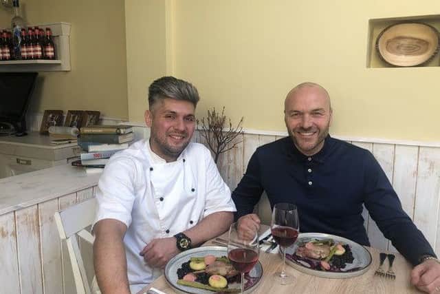 Damian Wawrzyniak with Simon Rimmer during filming of Tricks of the Restaurant Trade.