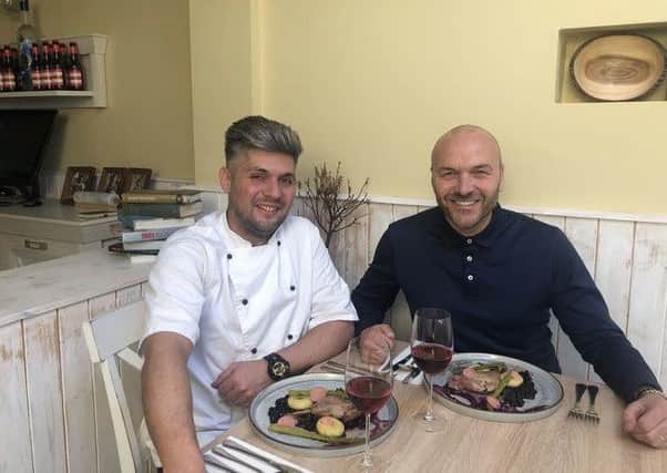 Damian Wawrzyniak with Simon Rimmer during filming of Tricks of the Restaurant Trade.