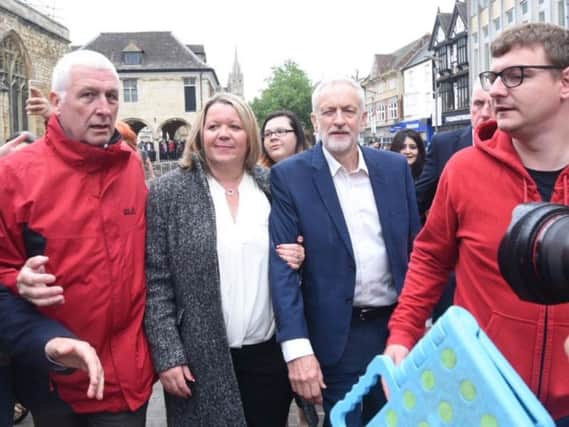 Lisa Forbes and Jeremy Corbyn in Peterborough after the Labour by-election victory