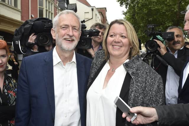 Jeremy Corbyn and Lisa Forbes in Peterborough city centre the morning after her election victory