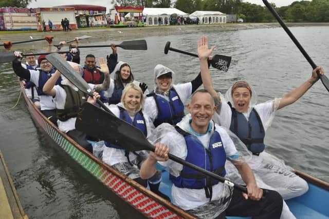 Dragon Boat racing 2019 at the PCRC Rowing course, Thorpe Meadows. Coloplast team EMN-190906-164529009