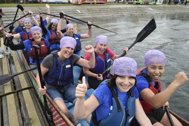 Dragon Boat racing 2019 at the PCRC Rowing course, Thorpe Meadows. Fitzwilliam Hospital team EMN-190906-164542009