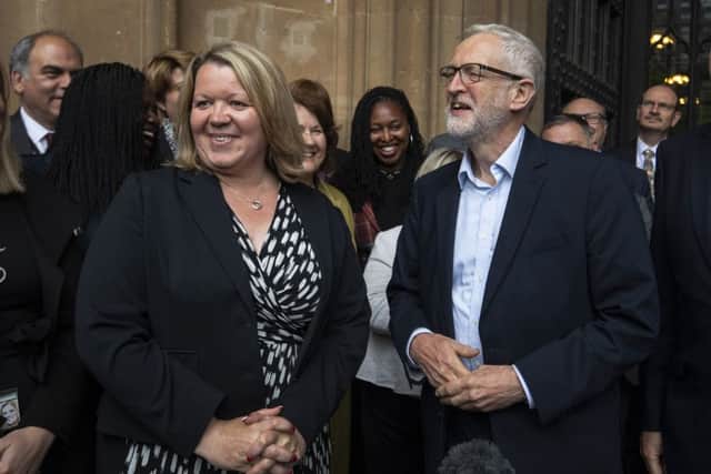Labour leader Jeremy Corbyn, the Shadow Cabinet and Labour MPs welcome Lisa Forbes to Parliament on her first day. Photo: Victoria Jones/PA Wire