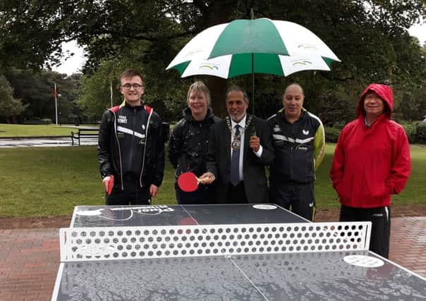 Cllr Gul Nawaz, the Mayor of Peterborough, at the launch event of new table tennis tables in Central Park