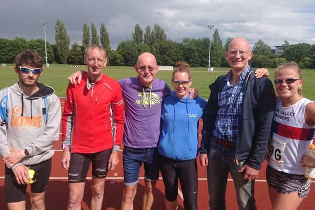 The Nene Valley Harriers team that ran in the Green Wheel Relay. From the left they are Paul Houlden, Sean Beard, Barry Warne, Nicky Morgan, David Marr and Abi Schofield.