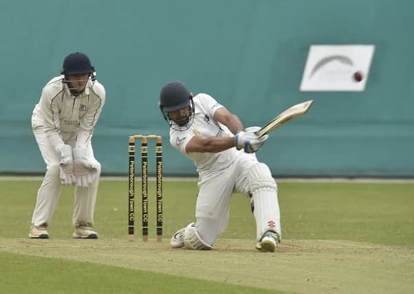 Mohammed Danyaal hits out on his way to a rapid 85 not out against March Town. Photo: David Lowndes.