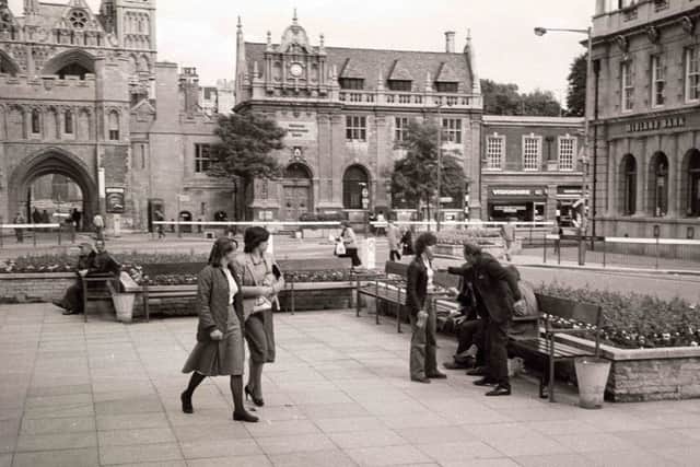 Peterborough's Cathedral Square in the 1970s and 1980s.