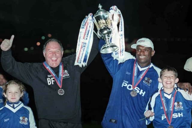 Manager Barry Fry (left) and Andy Clarke celebrate Posh winning promotion at Wembley in May, 2000.