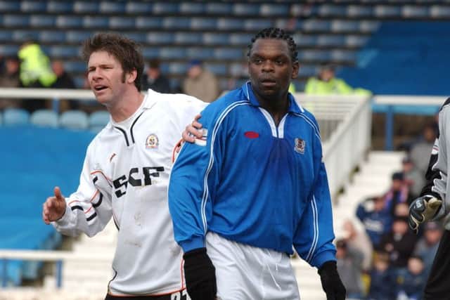 2002: Posh beat Brentford 5-1 with Andy Clarke (right) getting down on his hands and knees to nod the ball over the goalline rather than tap it home after racing clear of the visiting defence.