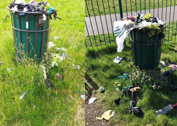 Left: The most recent example of an overflowing bin at the park. Right: A past example
