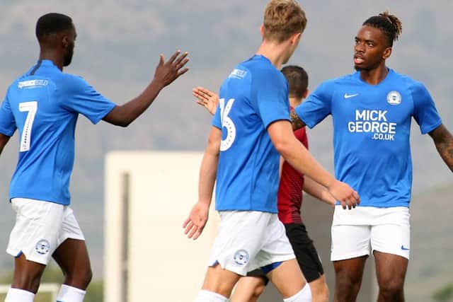 Posh striker Ivan Toney (right) celebrates his goal against St Mirrent. Photo: Joe Dent/theposh.com.
