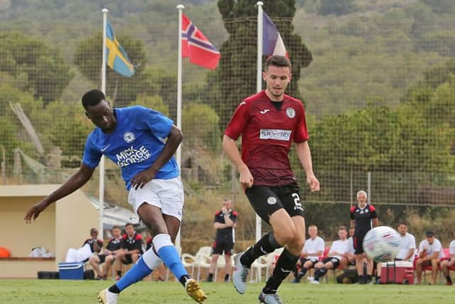 Mo Eisa scores for Posh against St Mirren. Photo: Joe Dent/theposh.com.