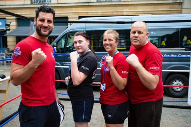 Chello Render gives boxing demonstrations as part of the Italia Festival. Pictured here Team L2R Chello Render, Chloe Hastings, Andy Burley, Sarah Huebler,City Centre, Peterborough07/07/2019. Picture by Terry Harris / Peterborough Telegraph. THA