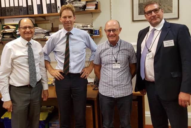 left to right, Shailesh Vara MP, Rt Hon Tobias Ellwood MP, Cllr John Bradshaw and Mayor James Palmer.