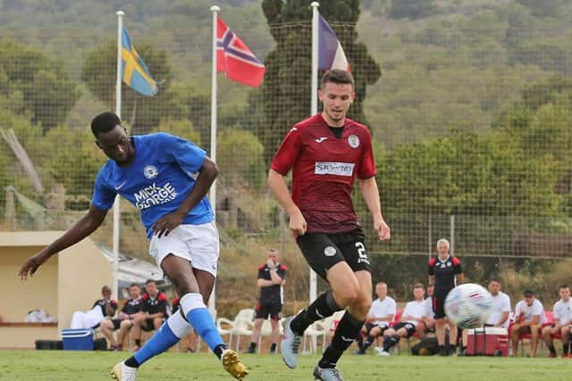 Mo Eisa scores against St Mirren. Photo: Joe Dent/theposh.com.