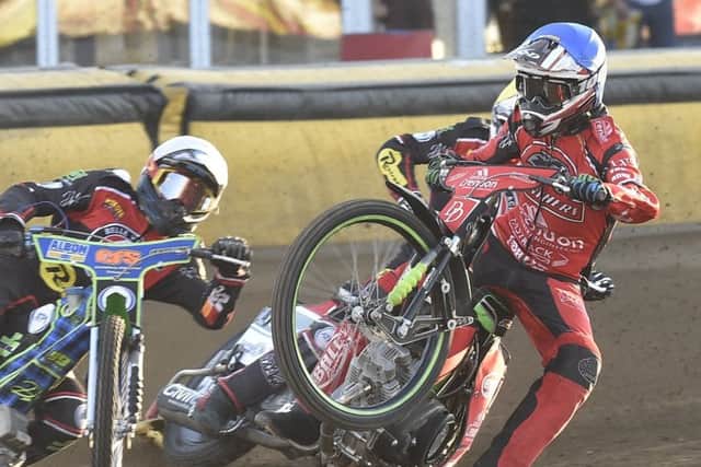 The crash in heat three of the meeting between Panthers and Belle Vue which ended with an injury to Charles Wright. Photo: David Lowndes.