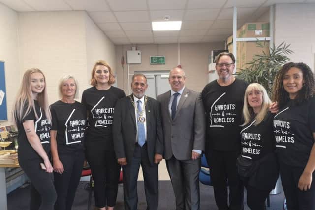 The launch of Haircuts4Homeless. Sharron Walker is third from the left, next to Cllr Gul Nawaz, Cllr Ray Bisby and Stewart Robson