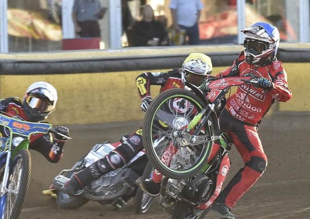 Panthers rider Charles Wright is about to come a cropper in the meeting with Belle Vue. Photo: David Lowndes.