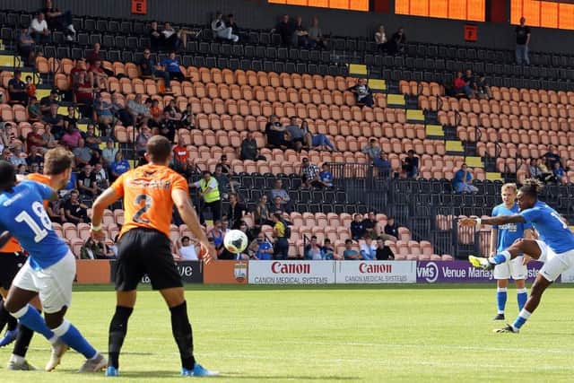 Ivan Toney scores for Posh at Barnet. Photo: Joe Dent/theposh.com.