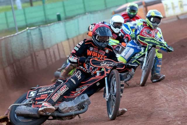 Wolverhampton rider Sam Masters leading the way from Panthers guest Chris Harris. Photo: Jeff Davies.