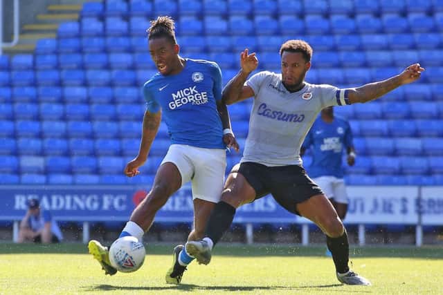 Ivan Toney scores for Posh at Reading. Photo: Joe Dent/theposh.com.