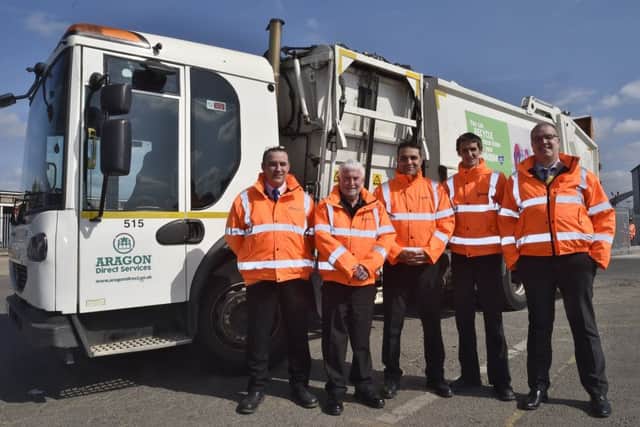 PCC Waste services management team Jason Dobbs, David Parnwell, Ali Karatas, Glen Vincent, Kieran King with their new Aragon vehicle. EMN-190104-214602009