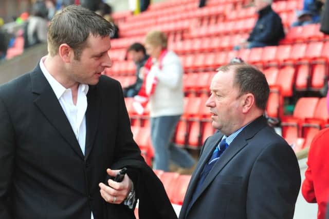 Former Posh manager Gary Johnson (right) with chairman Darragh MacAnthony.