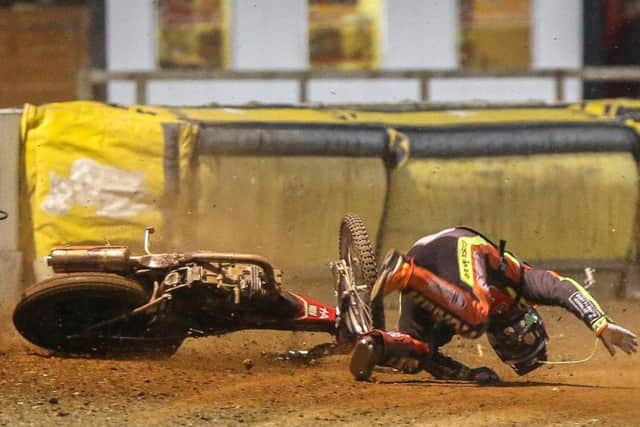 Hans Andersen takes a tumble during the Panthers/Belle Vue meeting. Photo: Jeff Davies.