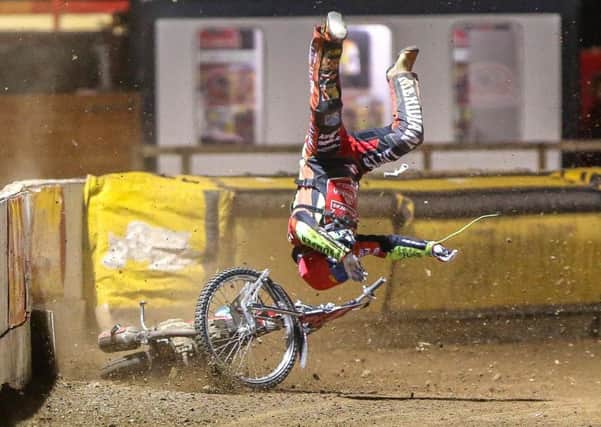 Panthers captain Hans Andersen flies through the air after a crash during the meeting with Belle Vue. Photo: Jeff Davies.
