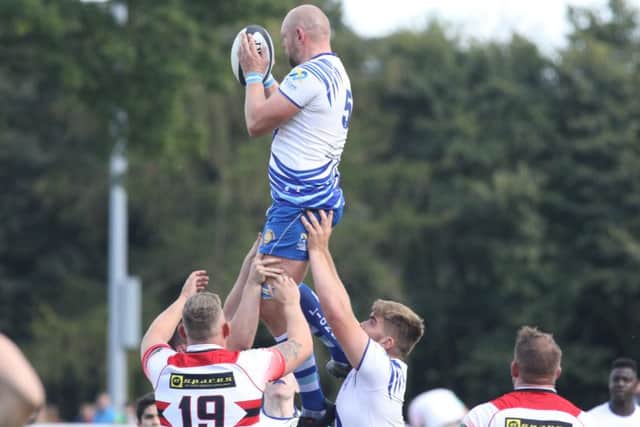 Marius Andrijauskas in lineout action for Peterborough Lions at Bromsgrove. Photo: Mick Sutterby.