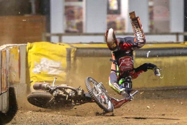 Hans Andersen crashes in Panthers' meeting with Belle Vue. Photo: Jeff Davies.
