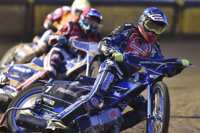 Ryan Douglas leads the way for Panthers against Swindon in heat two. Photo: David Lowndes.