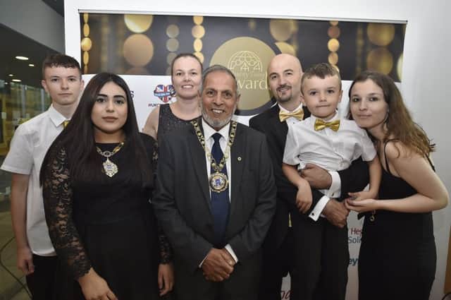 Charity Today Awards 2019 at the Key Theatre.  Organiser Lee Rayment with his family Jay, James, Chloe and Callum with Mayor of Peterborough Coun. Gul Nawaz and Mayoress Amreen Khauser EMN-190909-082348009