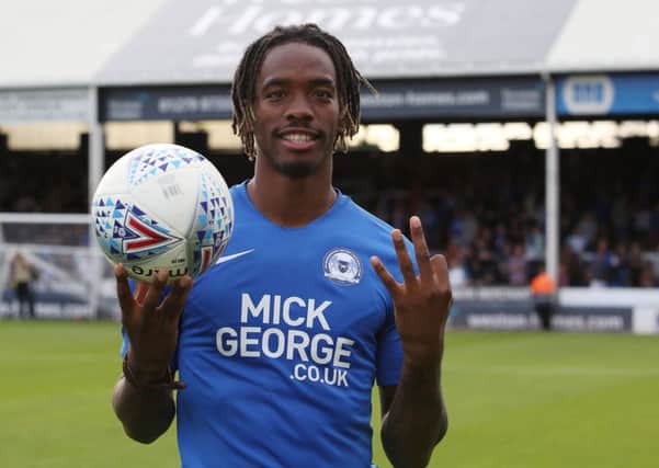 Posh striker Ivan Toney withe the match ball after his hat-trick against Rochdale. Photo: Joe Dent/theposh.com.