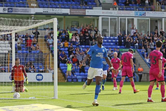 Mo Eisa celebrates his goal for Posh against Rochdale. Photo: Joe Dent/theposh.com.