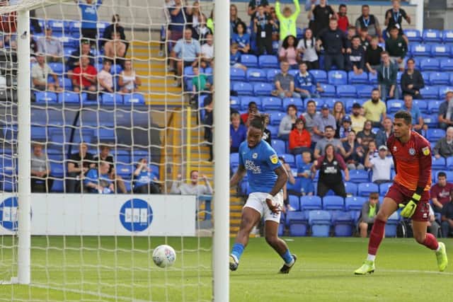 Ivan Toney scores his second goal for Posh against Rochdale. Photo: Joe Dent/theposh.com.
