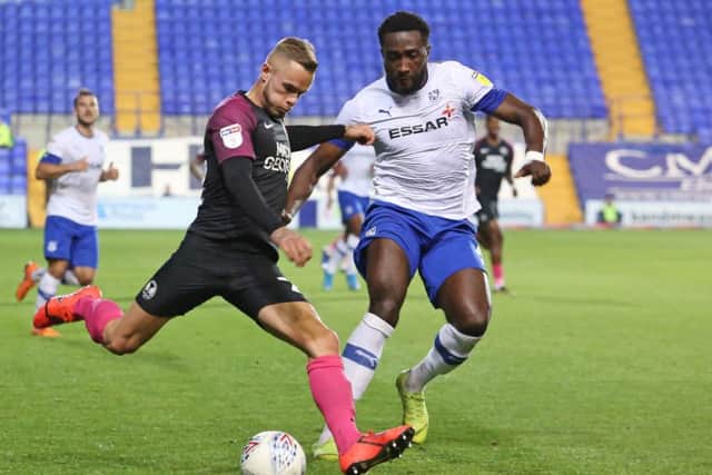 Joe Ward in action for Posh at Tranmere. Photo: Joe Dent/theposh.com.