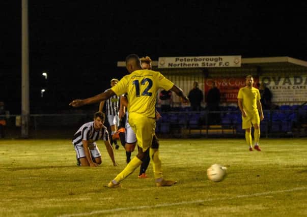 Tiago Nassunculo scores for Peterborough Sports against Peterborough Northern Star. Photo: James Richardson.