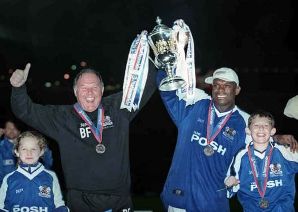 Barry Fry and Andy Clarke celebrate a Posh promotion in May, 2000.