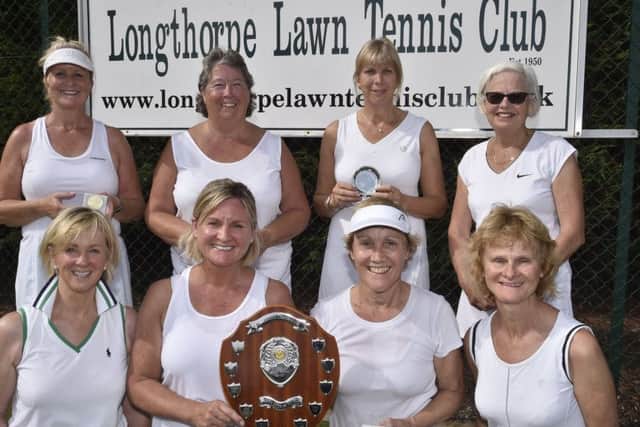 The finalists in the ladies doubles events at the Longthorpe Lawn Tennis Club Championships, back, from left, Caroline Beaty, Clare Major, Liz Sharman, Sylvia Murray, front Jane Eayrs, Jo Martin, Ruth Swann. Caroline Worth