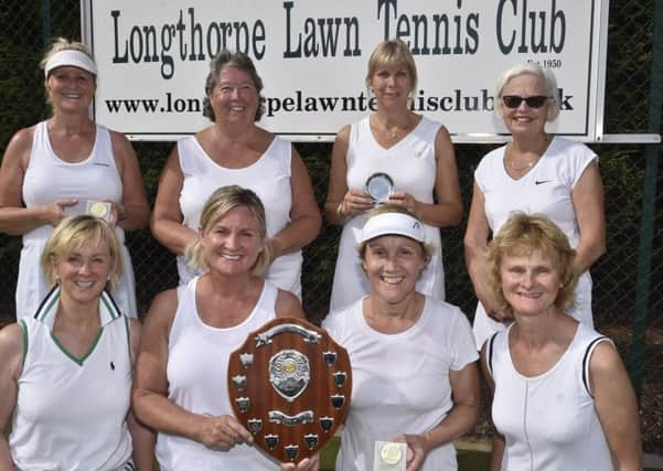 The finalists in the ladies doubles events at the Longthorpe Lawn Tennis Club Championships, back, from left, Caroline Beaty, Clare Major, Liz Sharman, Sylvia Murray, front Jane Eayrs, Jo Martin, Ruth Swann. Caroline Worth