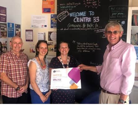Tim Lucy, Representative of the Masonic Charitable Foundation, Beth Green, Executive Director, Centre 33, Meg Platt, Director
of Operations, Centre 33 and Gerry Crawford, Northamptonshire and Huntingdonshire Freemasons.