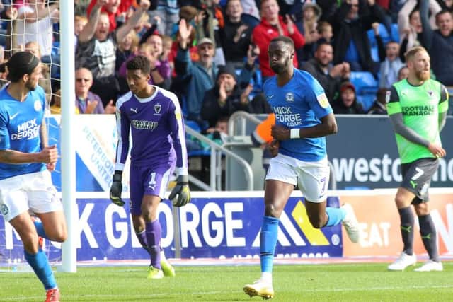 Mo Eisa celebrates his first goal for Posh against Wimbledon. Photo: Joe Dent/theposh.com.