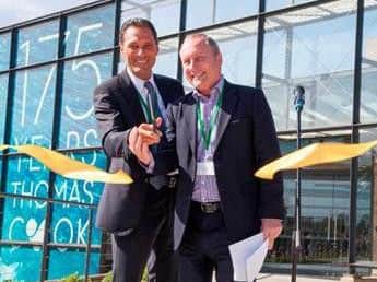 Thomas Cook chief executive Peter Fankhauser, left, with Chris Mottershead, former UK managing director for Thomas Cook, opening the new offices at Westpoint, Lynch Wood, Peterborough, in September 2016.