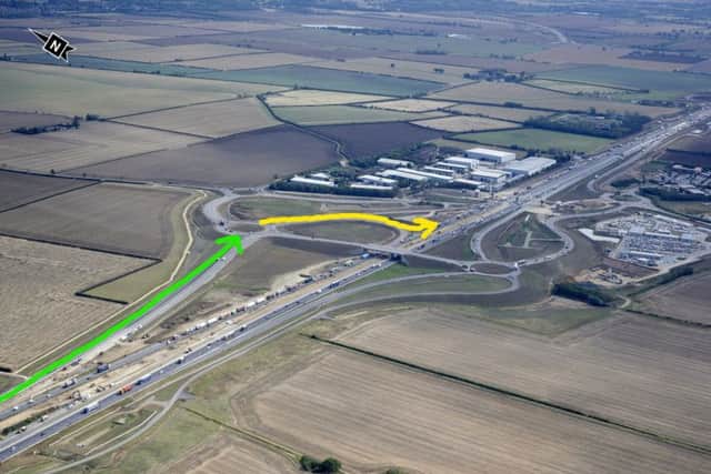 The green line is the new local access road which will be used as an exit slip road. The yellow line is the new entry. Photo: Highways England