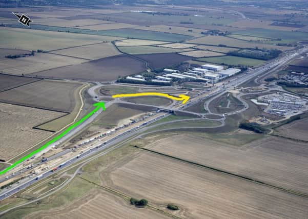 The green line is the new local access road which will be used as an exit slip road. The yellow line is the new entry. Photo: Highways England