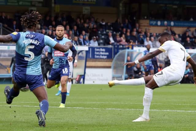 Mo Eisa fires Posh ahead at Wycombe. Photo: Joe Dent/theposh.com.