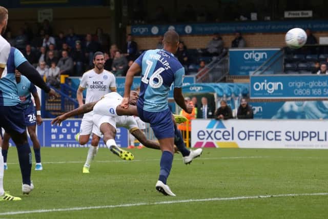 Ivan Toney's brilliant volley puts Posh 3-2 up at Wycombe. Photo: Joe Dent/theposh.com.