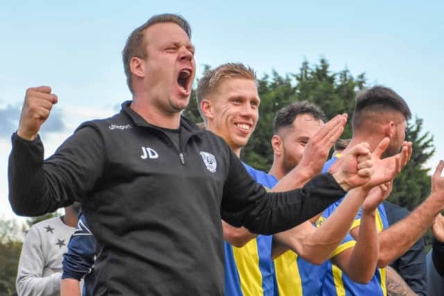 Peterborough Sports manager Jimmy Dean celebrates an historic win for his club. Photo: James Richardson.
